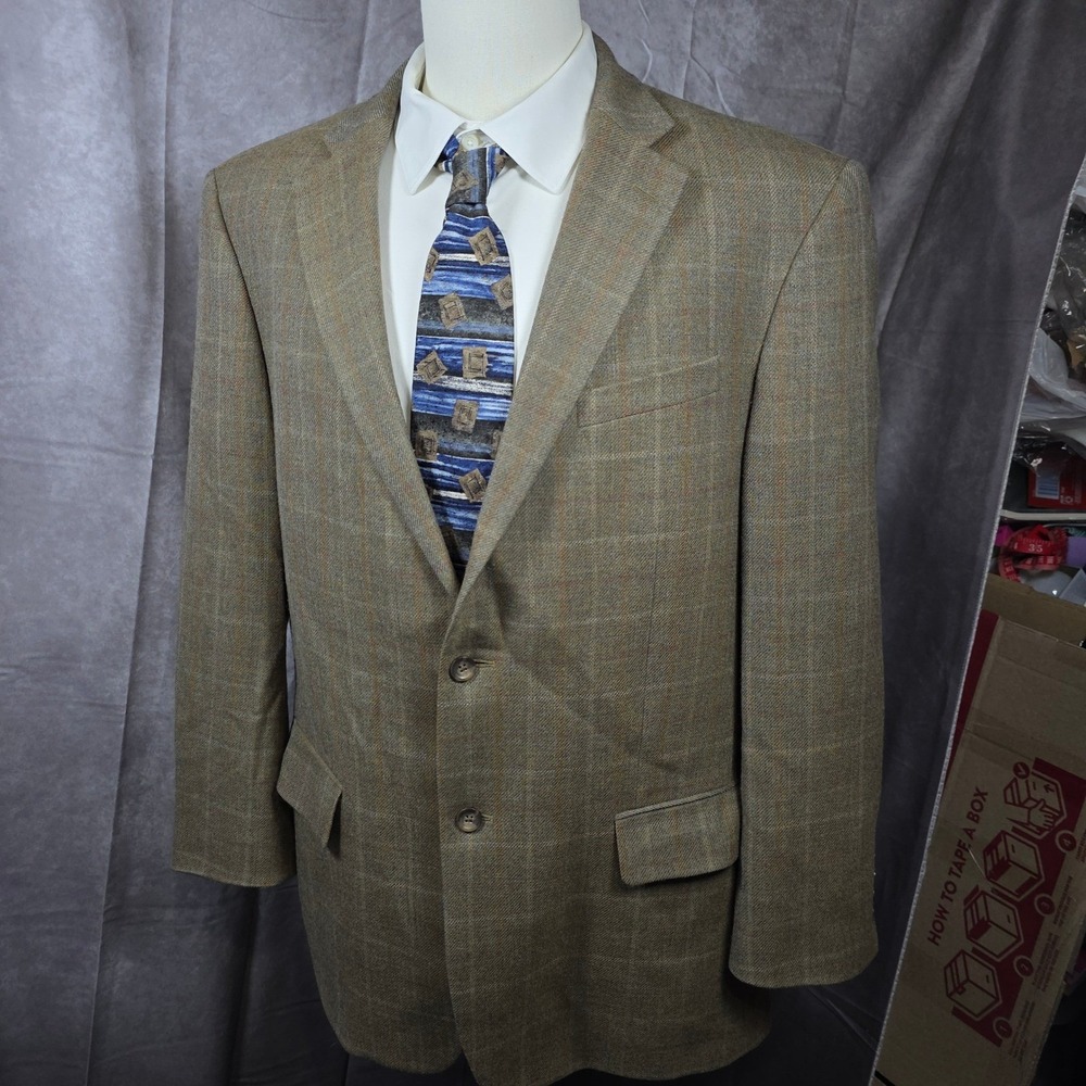 Oscar de la Renta Sport Coat 46L Plaid Wool Blazer Two Button Brown Tan